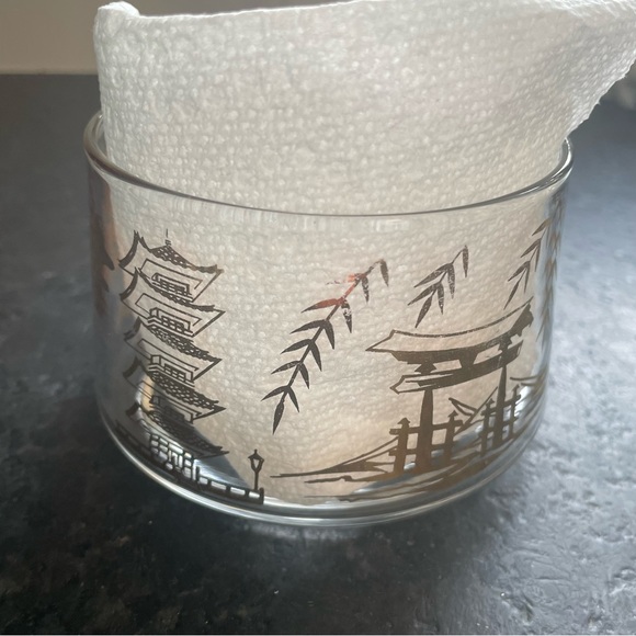 Round clear glass trinket jar with a lid, adorned with gold Asian symbols - Picture 5 of 9